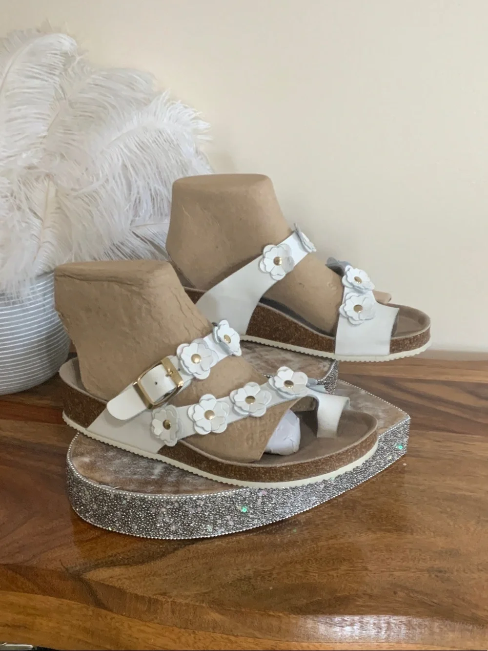 White Floral Platform Wedge Sandals - Women's Adjustable Straps